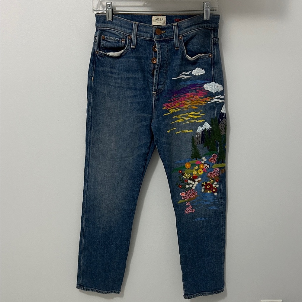 Alice + Olivia Dark Blue High-Rise Jeans with Multicolor Embroidered Landscape